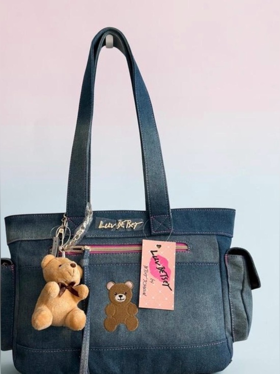 Luv Betsey Handbags - Luv Betsey Denim Tote Bag with Betsey  Bear Charm - Blue